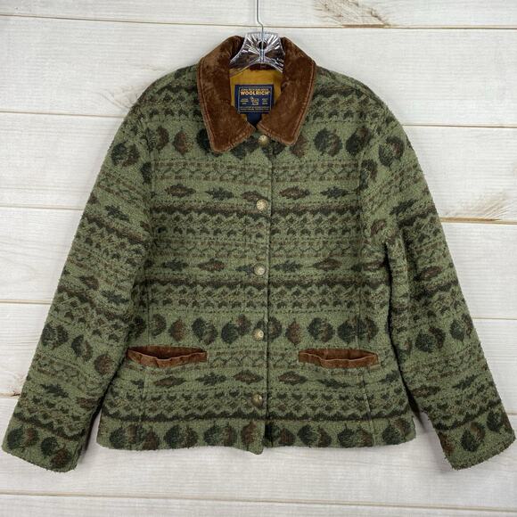 Vtg Woolrich Jacket Womens M Green Wool Blend Southwest Print Aztec 90s Y2K - Picture 1 of 16